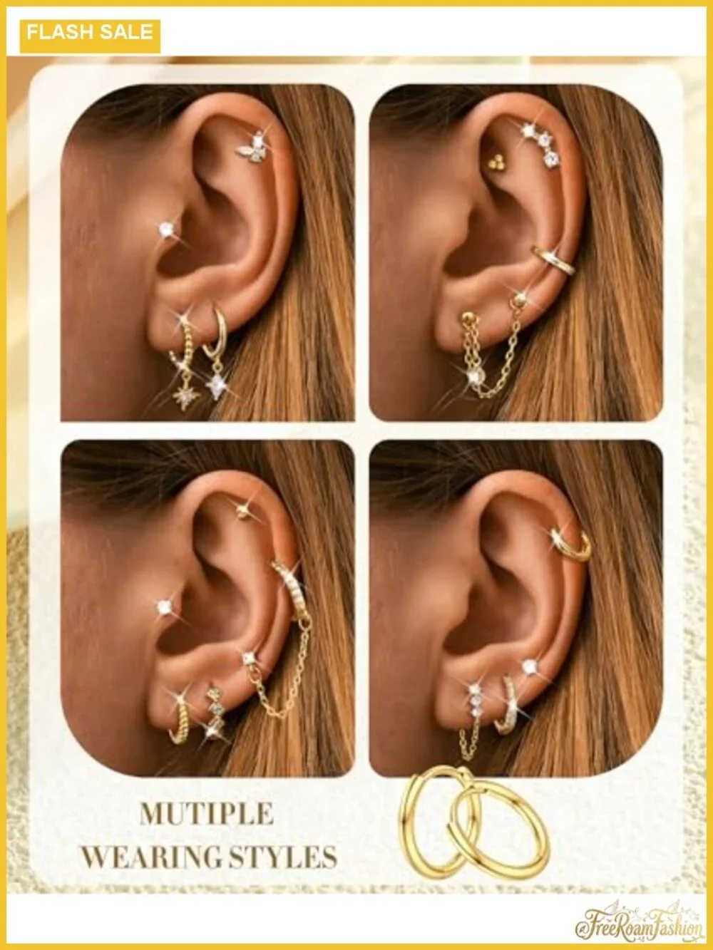 3 Pairs Dangle Hoop Chain Earrings Stacks for Women with CZ Huggie
